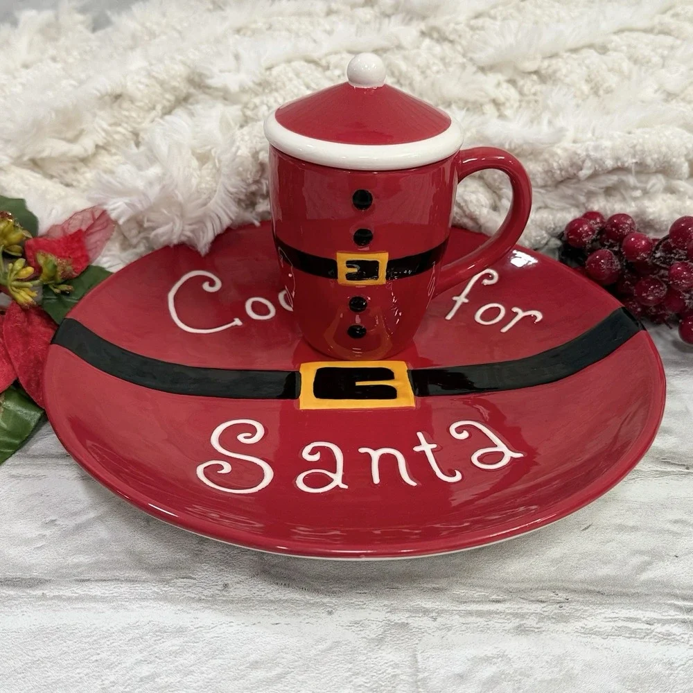 Cookies for Santa Ceramic Plate & Milk Mug Red & White Christmas Holiday Decore